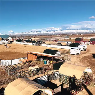 A variety of ShelterLogic corral shelters positioned on corrals.